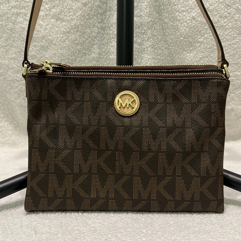 Michael Kors Crossbody Purse Brown and Tan Monogram Print with gold hardware